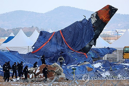 제주항공 여객기 참사 열흘째인 7일 전남 무안군 무안국제공항에서 항공철도사고조사위원회 관계자와 경찰특공대원이 사고 현장을 살피고 있다. 사진은 방수포에 덮인 제주항공 꼬리날개. [무안=연합뉴스]